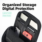 MarkRyden Global BreezePack: Black backpack with organized digital storage, laptop/tablet pockets, phone & red controller