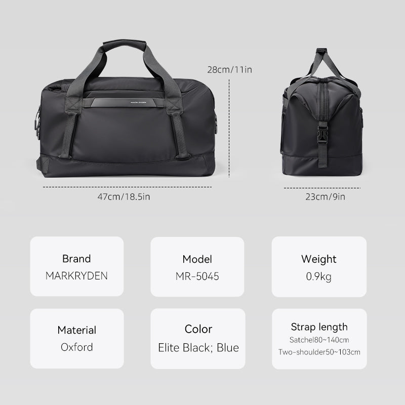 Markryden Elite Black waterproof gym bag, Oxford material, 3-in-1 design, 47x28cm dimensions