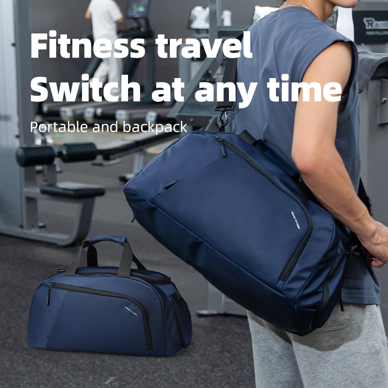 Navy blue TripVault travel duffel bag with separate shoe compartment, shown as portable backpack and standalone bag in gym setting.