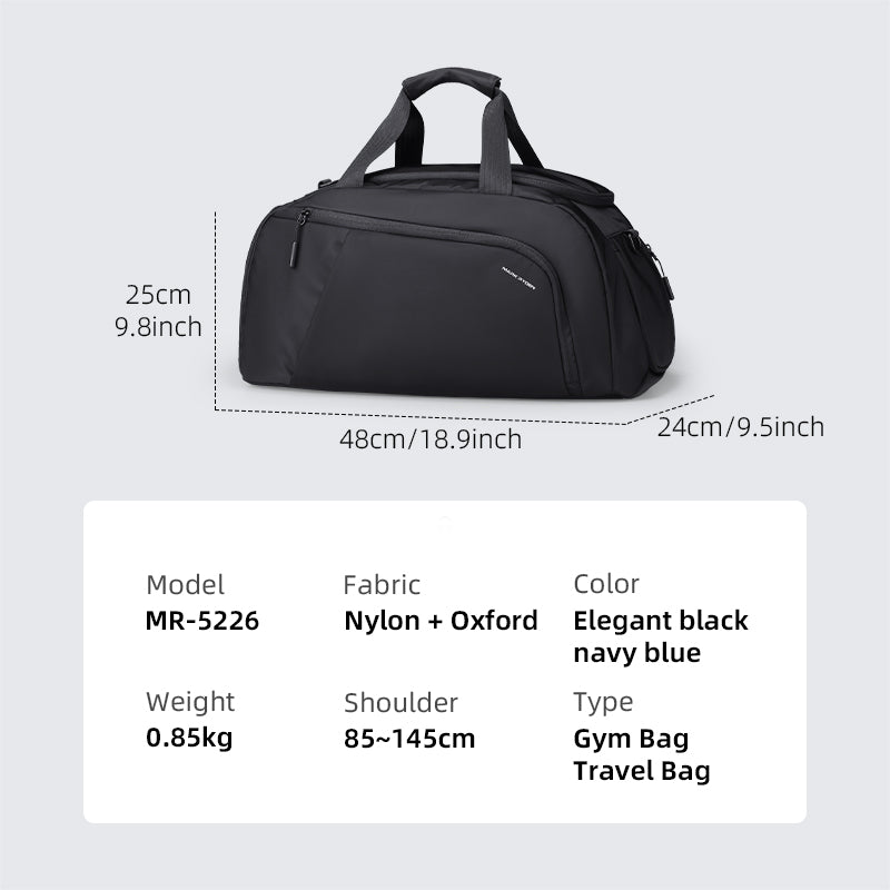 MarkRyden Global TripVault black nylon travel duffel with shoe compartment
