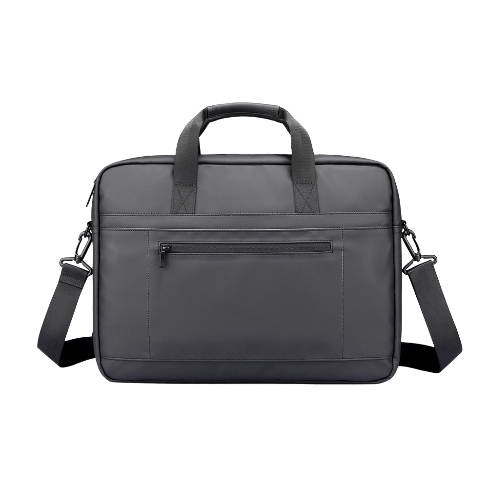 Gray water-resistant featherweight briefcase with handles, shoulder strap, front zip pocket - MarkRyden Global urban journeys