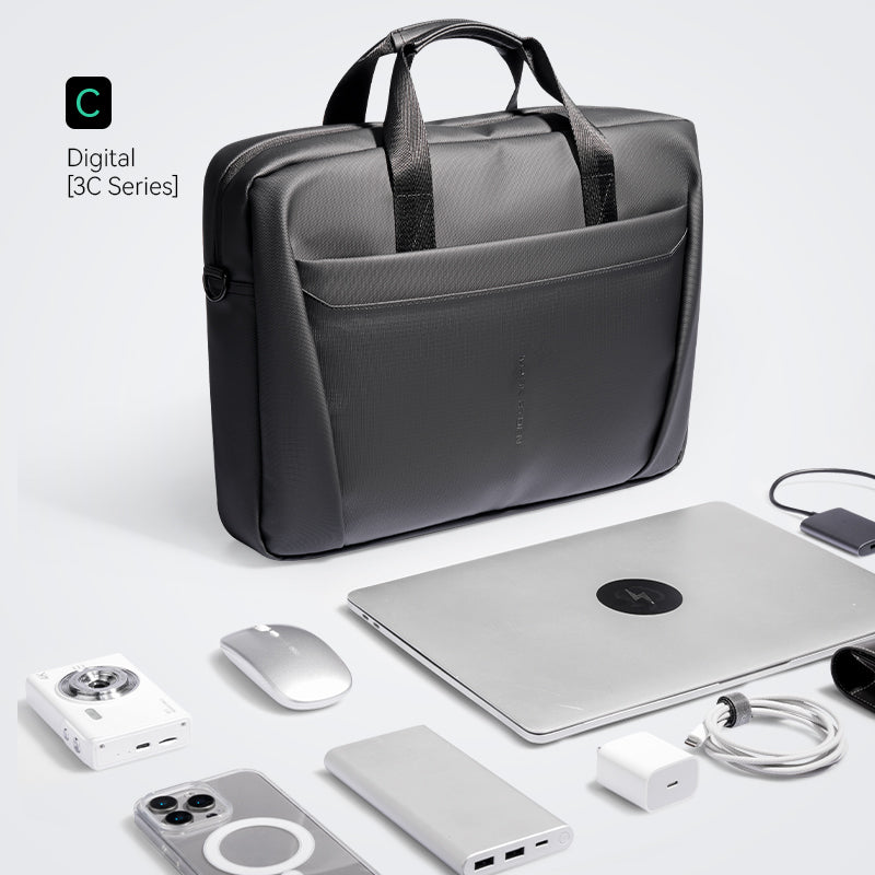 Classic V dark gray featherweight water-resistant briefcase from 3C Series with dual handles, front pocket, and tech items like laptop, smartphone, mouse for urban journeys.