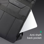 Black Mark Ryden AeroShield 2025 backpack with anti-theft back pocket holding a white laptop, durable waterproof design for modern travelers.