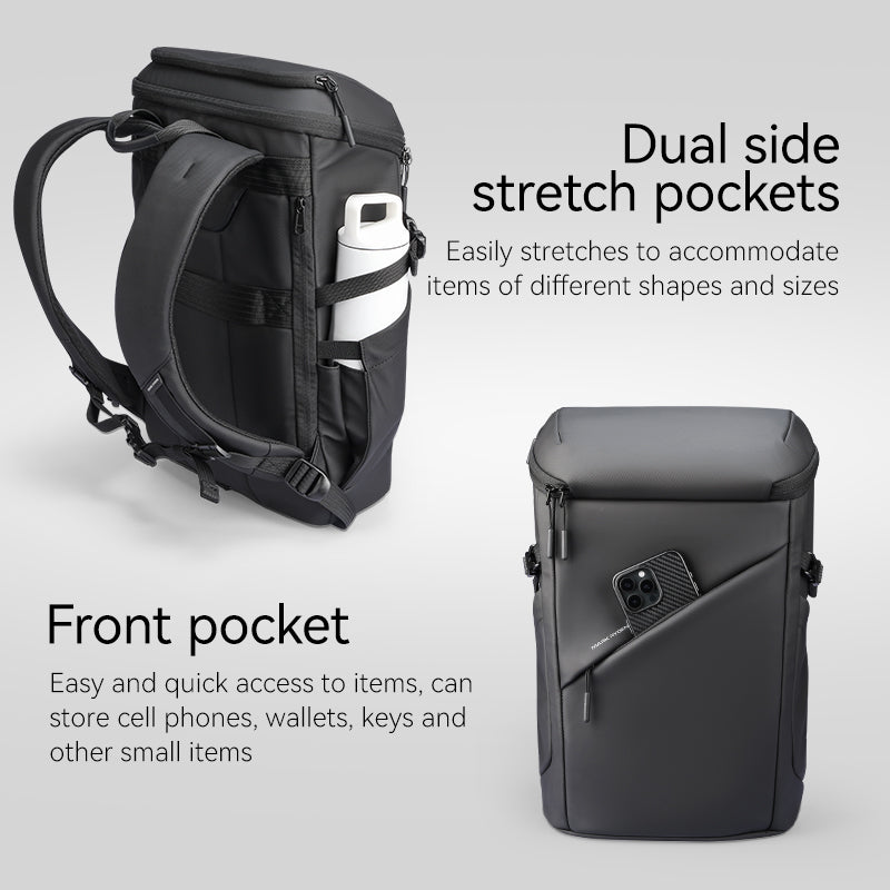 Black AeroShield 2025 durable waterproof backpack with dual side stretch pockets holding a water bottle and front pocket storing a smartphone, designed for modern travelers.