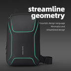 StealthChest: High Quality RFID-Secure Chest Bag for Urban Operator in black with neon green accents, featuring futuristic streamlined geometry and minimalist design by Mark Ryden Global.
