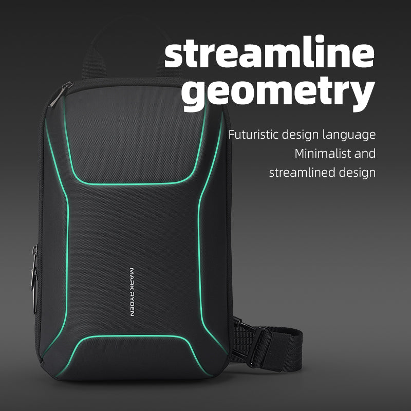 StealthChest: High Quality RFID-Secure Chest Bag for Urban Operator in black with neon green accents, featuring futuristic streamlined geometry and minimalist design by Mark Ryden Global.