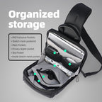 Black StealthChest RFID-secure chest bag for urban operator, open showing organized storage with PAD Exclusive Pockets, stretch mesh pockets, main pockets, privacy zipper pocket, slot pocket, and inside stretch mesh pocket holding a tablet.