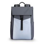 Urbanity Elegant Gray Backpack with spacious compartments, durable design, light blue front pocket with diagonal stitching, black buckle closure, and padded top handle.