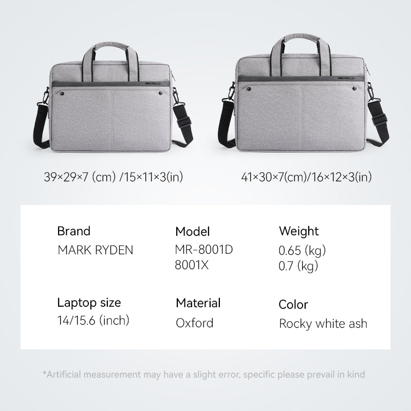 MarkRyden Tech Commuter Computer Briefcase in Rocky white ash, Oxford material, fits 14/15.6 inch laptops, with dual handles and adjustable shoulder strap.