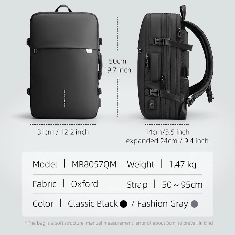 Mark Ryden Global smart compression travel backpack, classic black, oxford fabric, 50cm x 31cm dimensions