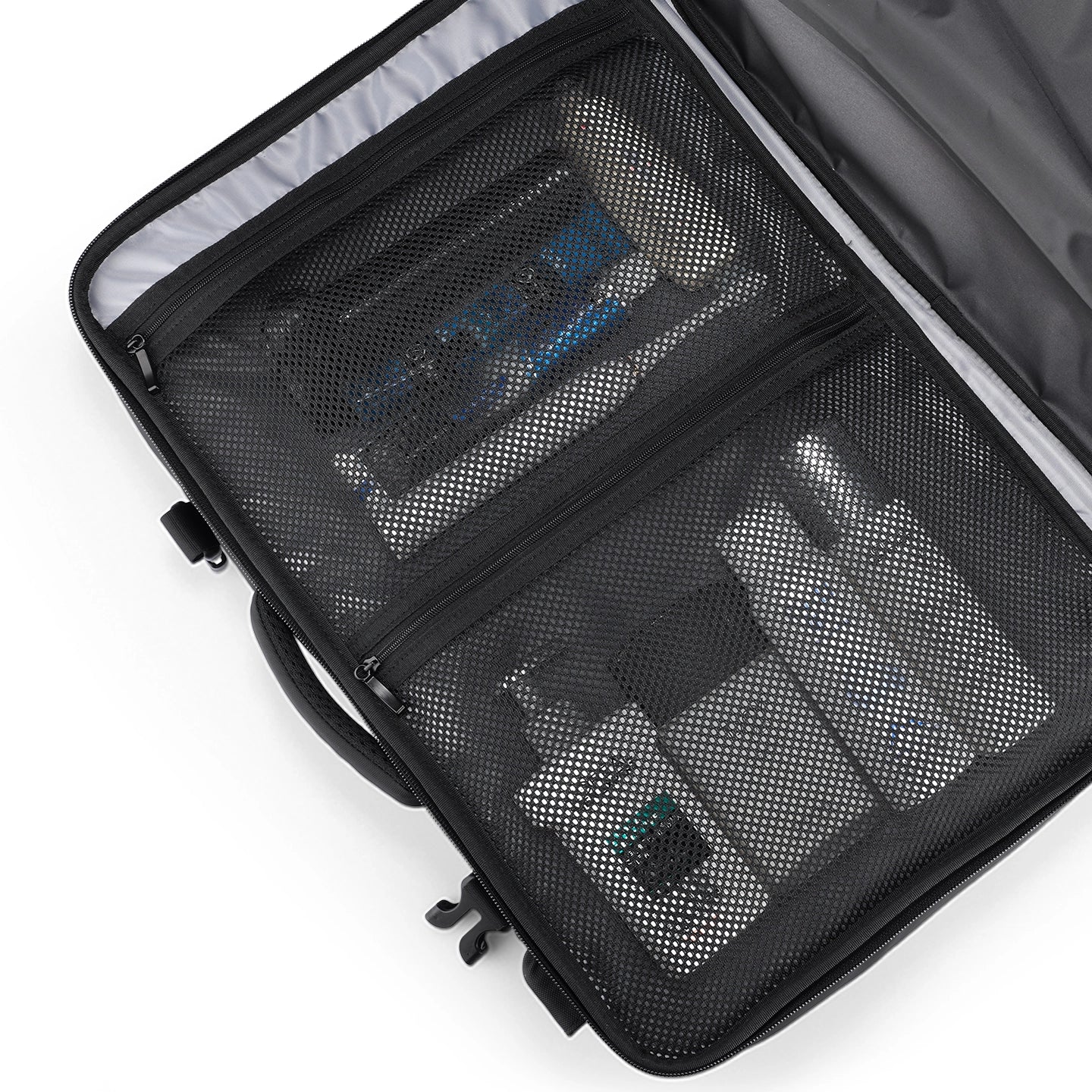 Mark Ryden Global smart-compression travel backpack with mesh compartments holding toiletries