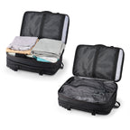 Black Pathrato Pro smart-compression travel backpack for frequent flyers, featuring mesh compartments, shown packed with folded clothes (gray, beige, white, turquoise) and empty with visible compression system.
