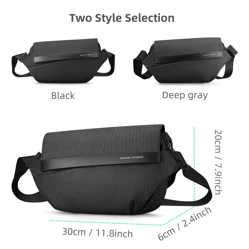 Mark Ryden Fingon II waterproof leather messenger bag, black/deep gray styles, city commuting dimensions