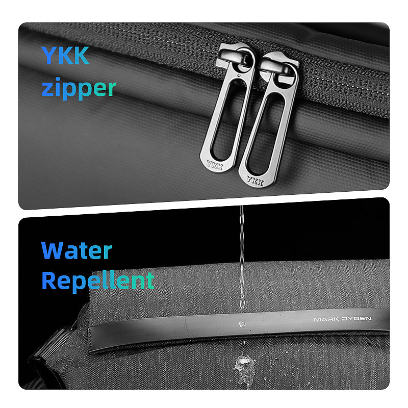YKK zipper detail & waterproof feature of Mark Ryden Fingon II messenger bag