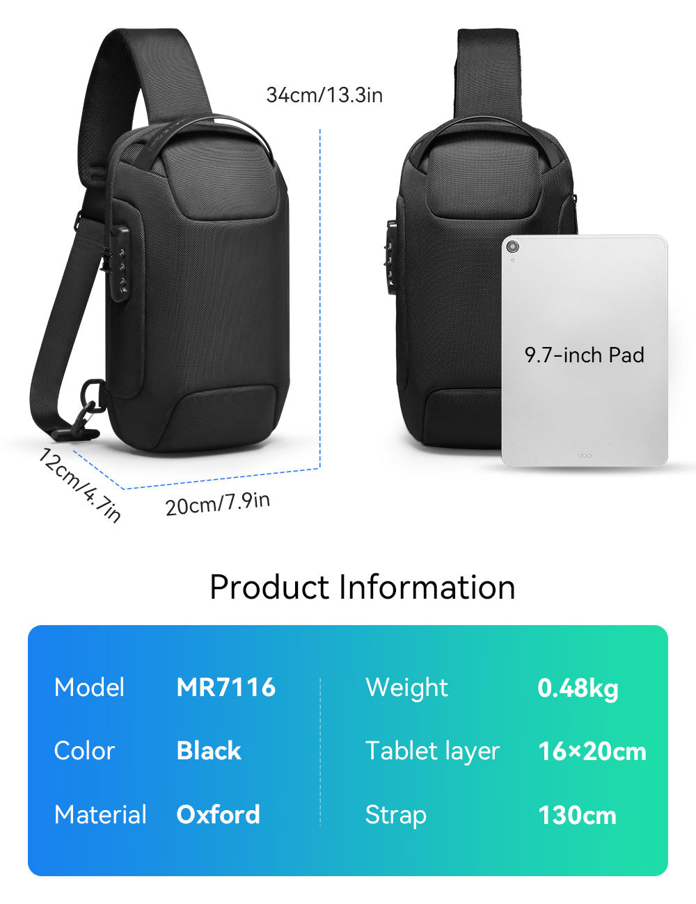 MarkRyden Global Odyssey Mini black oxford anti-theft crossbody bag with dimensions, 9.7in pad