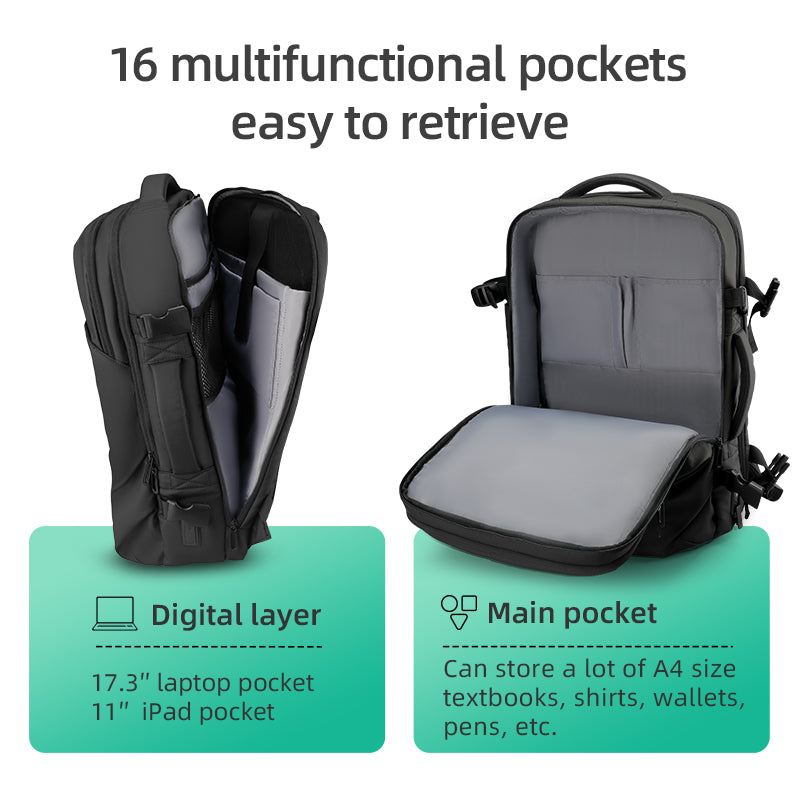 Black water-repellent USB backpack with 16 pockets for modern travelers