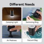 Black compact lightable air pump for zip-lock bags, with built-in light, shown inflating swimming ring, air mattress, vacuum bag, and as camping light.