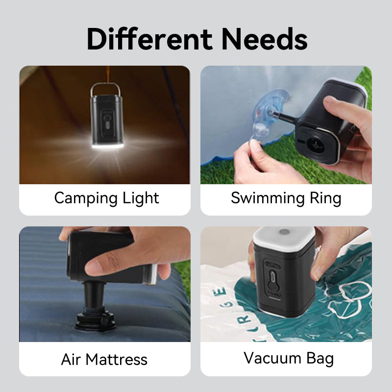 Black compact lightable air pump for zip-lock bags, with built-in light, shown inflating swimming ring, air mattress, vacuum bag, and as camping light.