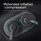 VacSpace Pro motorized inflation/compression system with two circular knobs and green arrows showing 'press arrow to rotate-inflate' and 'press arrow to rotate-bleed compression' for self-compressing ziplock bags.