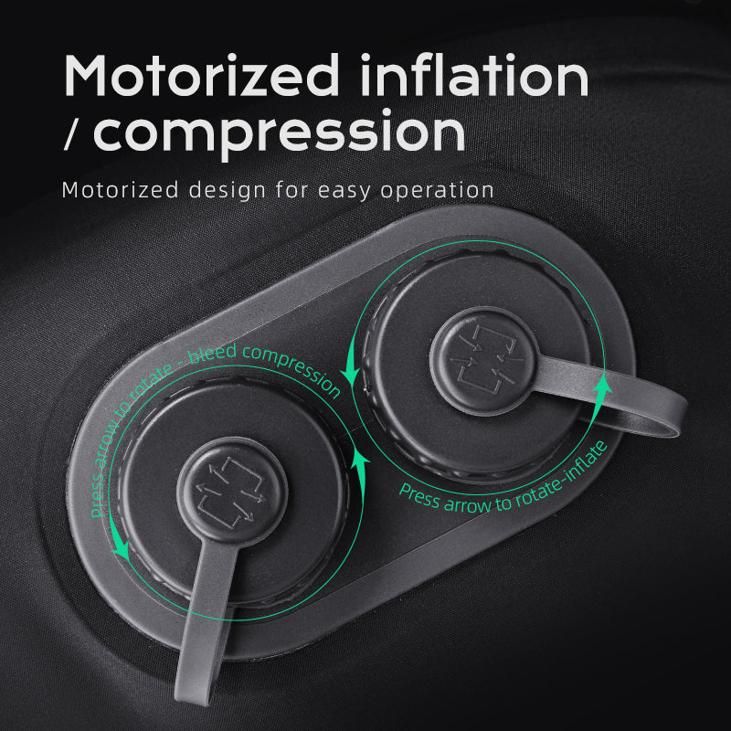 VacSpace Pro motorized inflation/compression system with two circular knobs and green arrows showing 'press arrow to rotate-inflate' and 'press arrow to rotate-bleed compression' for self-compressing ziplock bags.