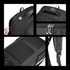 Black Sienet leather membrane waterproof scratch-resistant high capacity backpack with metal zippers, mesh back panel, adjustable strap, and keychain holder.