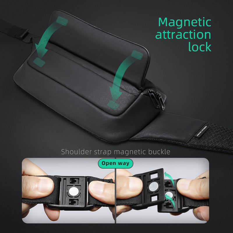 Black cross-body sling bag with magnetic lock & shoulder strap buckle - Mark Ryden Global