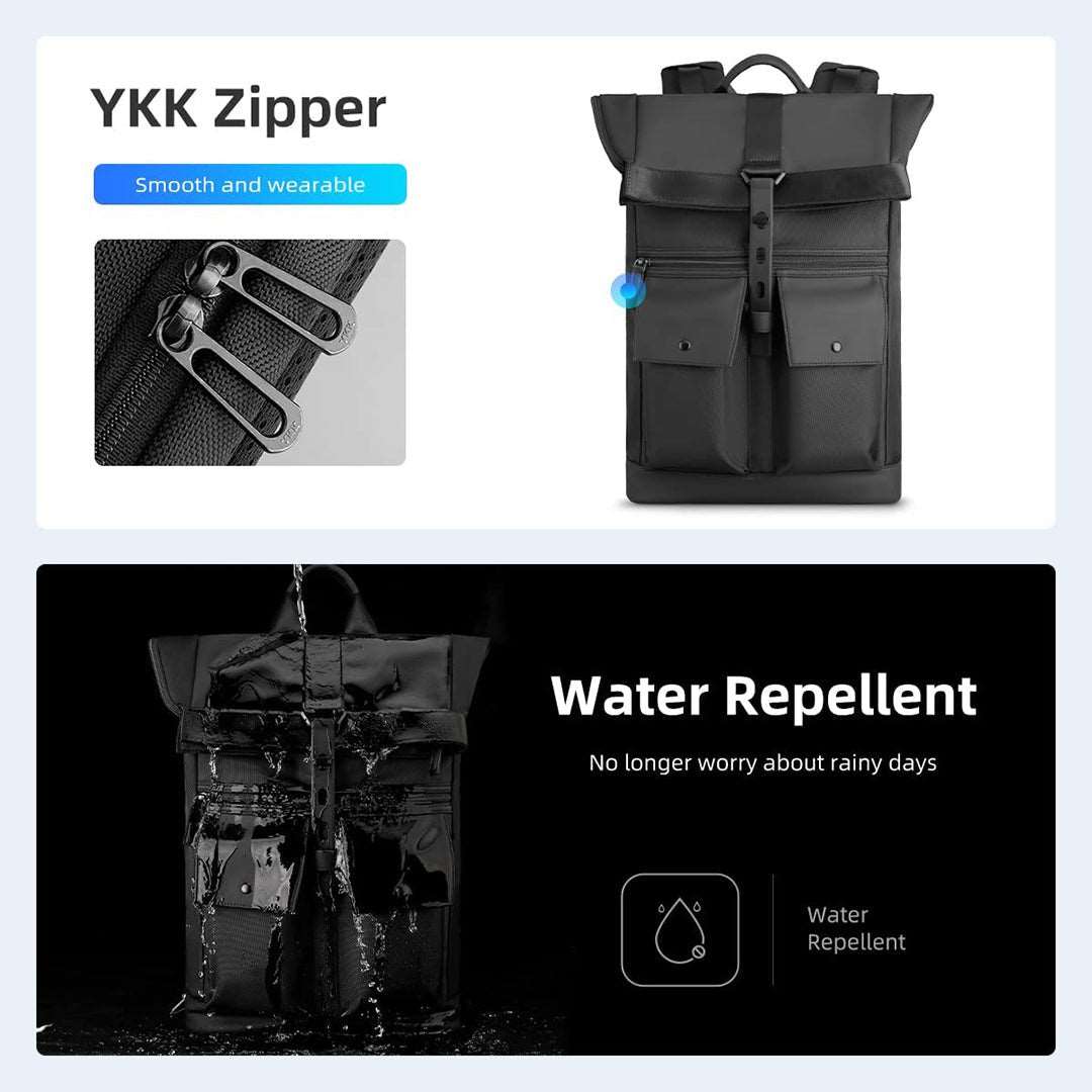 Black Zoll Rolltop daily commute backpack featuring rolltop closure, YKK zippers, and water repellent fabric