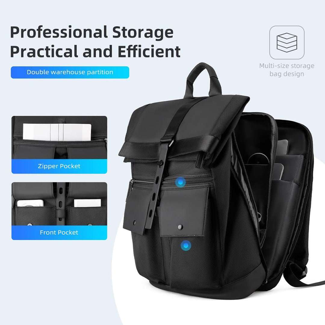 Black rolltop anti - theft daily commute backpack with zippered pockets by MarkRyden Global