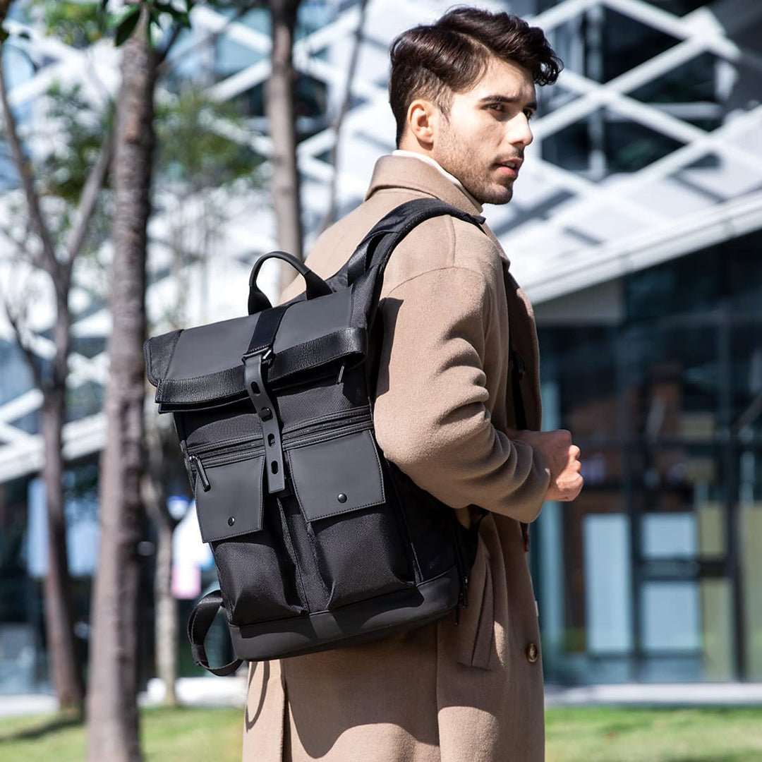 Stylish black Mark Ryden rolltop backpack daily commute