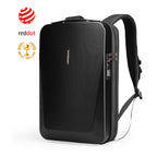 The Ratio Arc EVA: Black hard-shell waterproof laptop backpack with combination lock, Red Dot design award, and best seller badge.