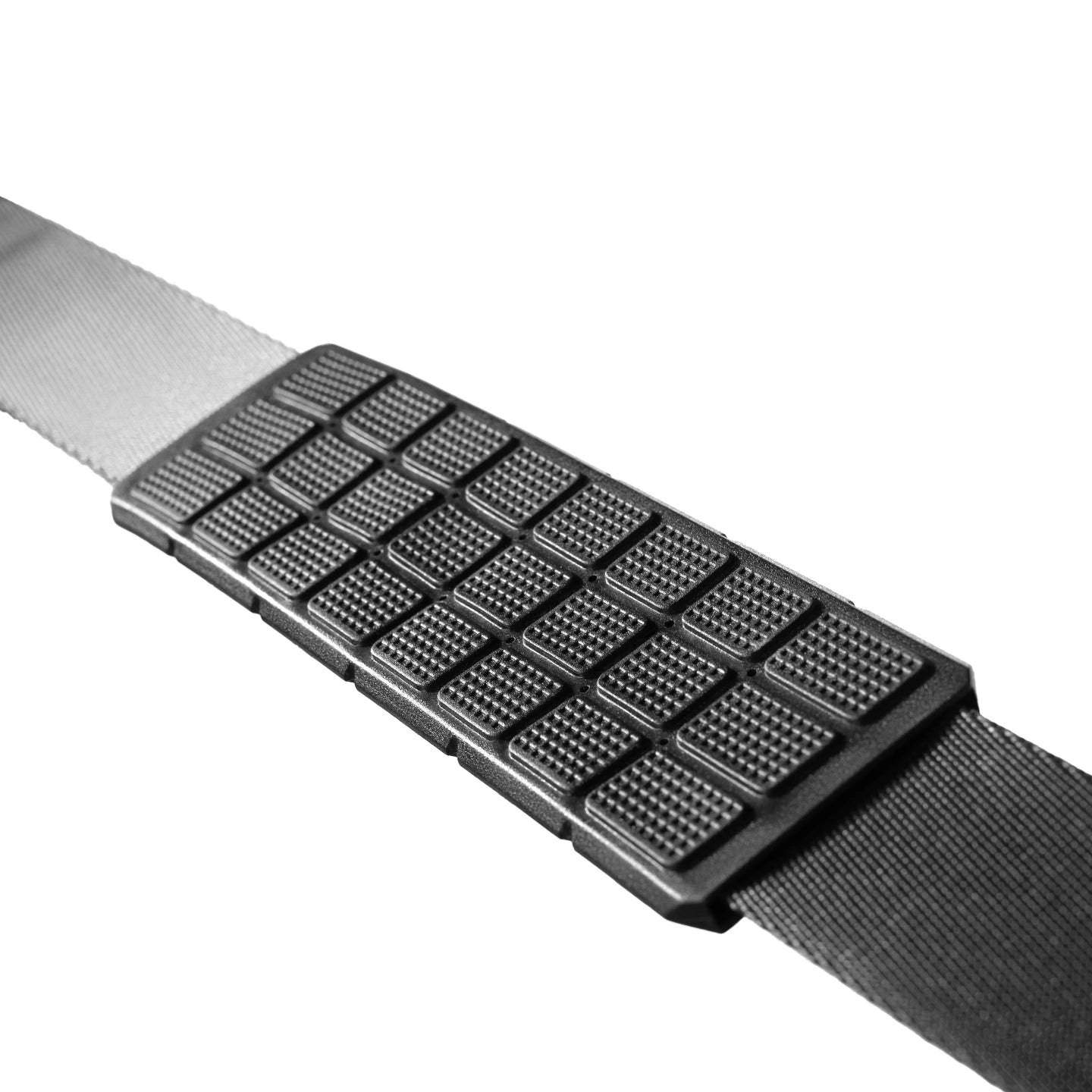 Close-up of black textured strap with grid pattern on Patchwork Tote Laptop Bag for professionals