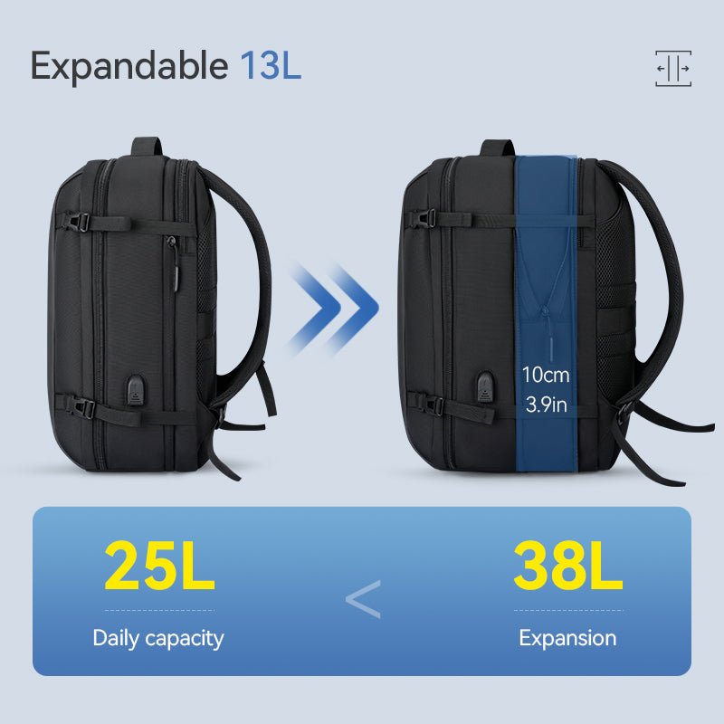 Mark Ryden Global's expandable 13L mochila backpack, compact 25L to 38L capacity