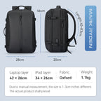 Mark Ryden black compact high-capacity smart USB laptop backpack with Oxford fabric, featuring laptop/iPad compartments, dimensions 46x28x20cm, weight 1.1kg (front/side views)