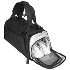 Black durable polyester travel bag with easy access pockets holding white sneakers - Mark Ryden Global