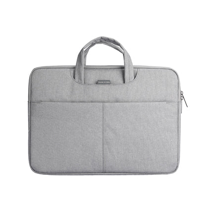 Gray fabric business laptop bag with dual handles, front pocket, and zippered closure, designed for 13.3-15.6 inch laptops in mature stable work style.