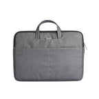 Gray textured business laptop bag with dual handles, front zippered pocket, and secure closure for 13.3-15.6 inch laptops.