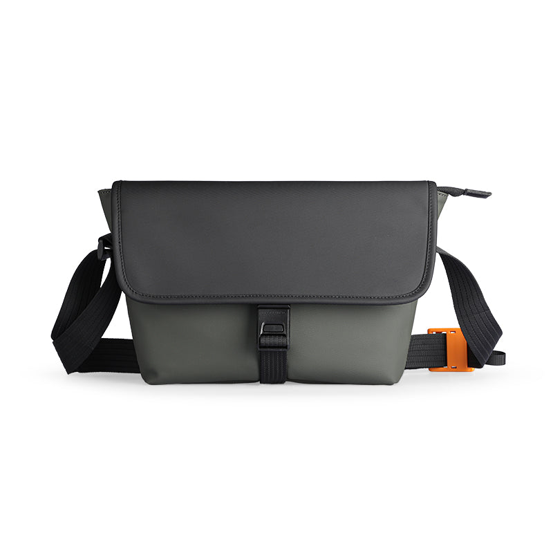 MarkRyden Global business casual travel crossbody bag - two-tone gray with black straps, buckle closure